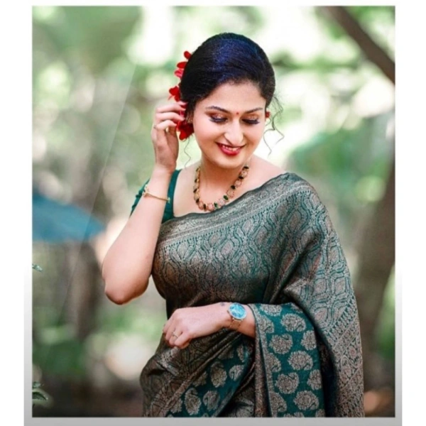 Generic Women's Silk Printed Saree With Unstitched Blouse 5.5Mtr (Green) - Green