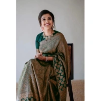 Generic Women's Silk Printed Saree With Unstitched Blouse 5.5Mtr (Green) - Green