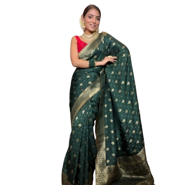 Generic Women's Silk Printed Saree With Unstitched Blouse 5.5Mtr (Green) - Green