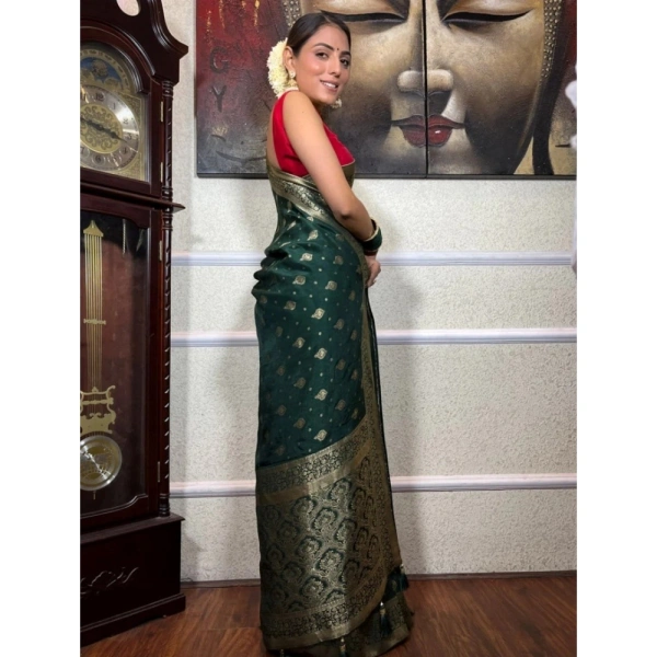 Generic Women's Silk Printed Saree With Unstitched Blouse 5.5Mtr (Green) - Green