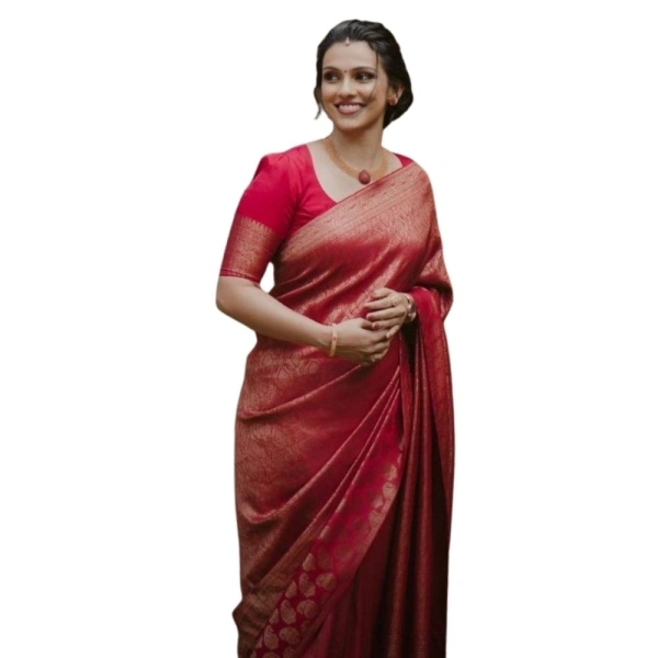 Generic Women's Silk Printed Saree With Unstitched Blouse 5.5Mtr (Red) - Red