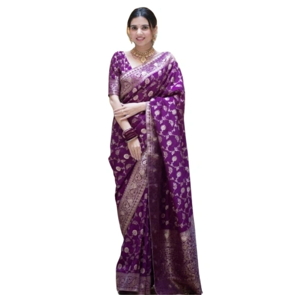 Generic Women's Silk Printed Saree With Unstitched Blouse 5.5Mtr (Purple) - Purple