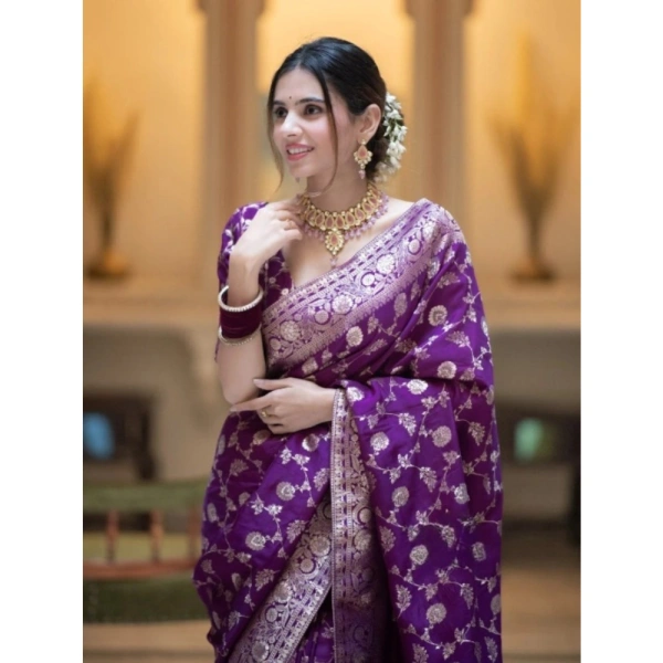 Generic Women's Silk Printed Saree With Unstitched Blouse 5.5Mtr (Purple) - Purple