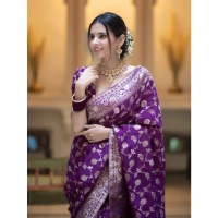 Generic Women's Silk Printed Saree With Unstitched Blouse 5.5Mtr (Purple) - Purple
