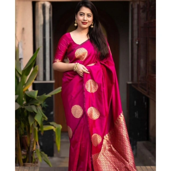 Generic Women's Silk Printed Saree With Unstitched Blouse 5.5Mtr (Pink) - Pink
