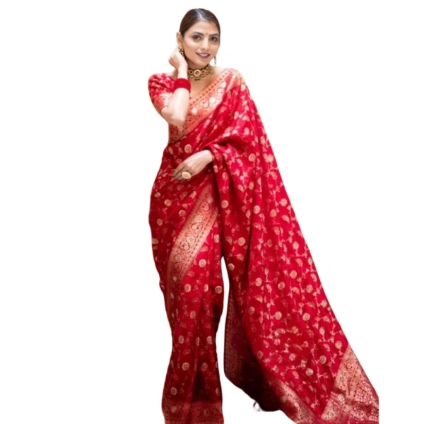 Generic Women's Silk Printed Saree With Unstitched Blouse 5.5Mtr (Red) - Red