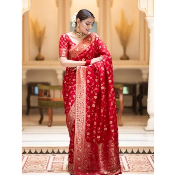Generic Women's Silk Printed Saree With Unstitched Blouse 5.5Mtr (Red) - Red