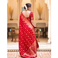 Generic Women's Silk Printed Saree With Unstitched Blouse 5.5Mtr (Red) - Red