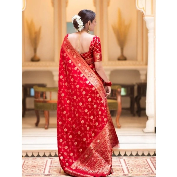 Generic Women's Silk Printed Saree With Unstitched Blouse 5.5Mtr (Red) - Red