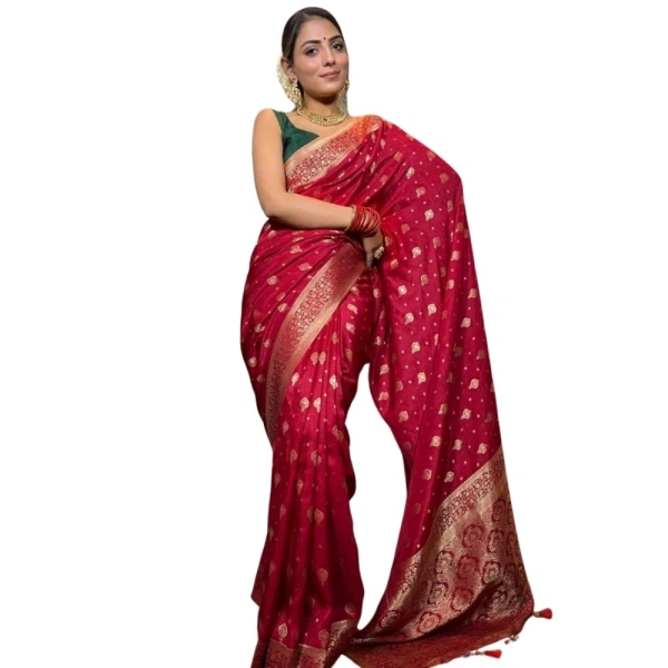 Generic Women's Silk Printed Saree With Unstitched Blouse 5.5Mtr (Red) - Red