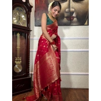 Generic Women's Silk Printed Saree With Unstitched Blouse 5.5Mtr (Red) - Red
