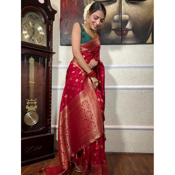 Generic Women's Silk Printed Saree With Unstitched Blouse 5.5Mtr (Red) - Red