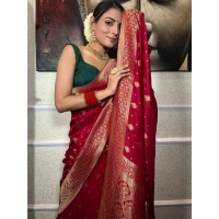 Generic Women's Silk Printed Saree With Unstitched Blouse 5.5Mtr (Red) - Red