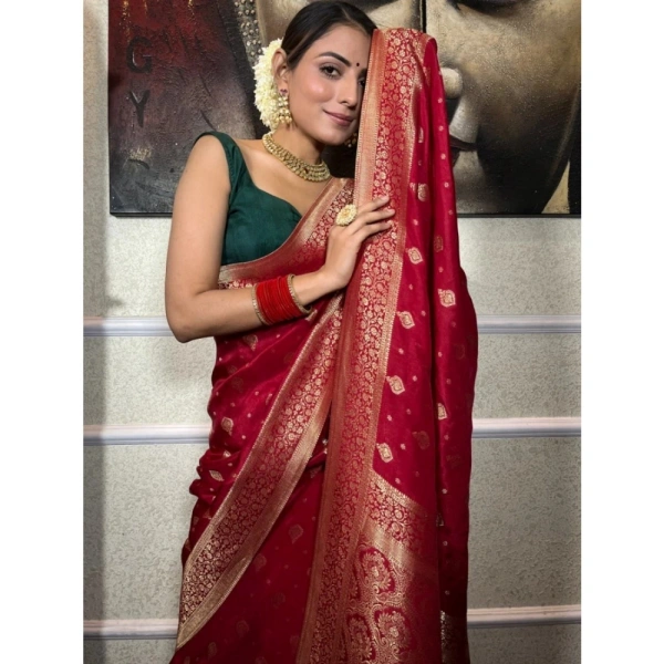 Generic Women's Silk Printed Saree With Unstitched Blouse 5.5Mtr (Red) - Red
