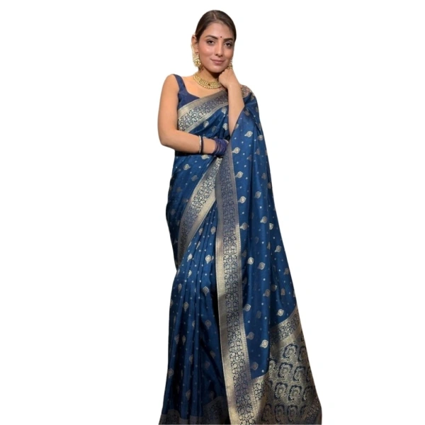 Generic Women's Silk Printed Saree With Unstitched Blouse 5.5Mtr (Rama) - Rama Blue