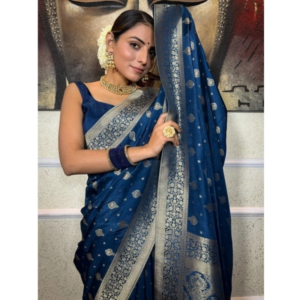 Generic Women's Silk Printed Saree With Unstitched Blouse 5.5Mtr (Rama) - Rama Blue
