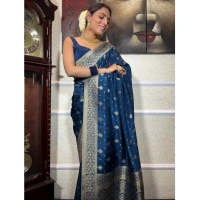 Generic Women's Silk Printed Saree With Unstitched Blouse 5.5Mtr (Rama) - Rama Blue