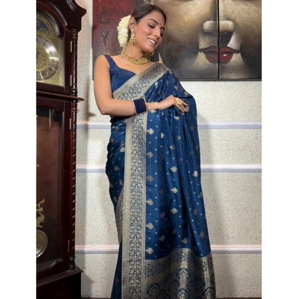 Generic Women's Silk Printed Saree With Unstitched Blouse 5.5Mtr (Rama) - Rama Blue