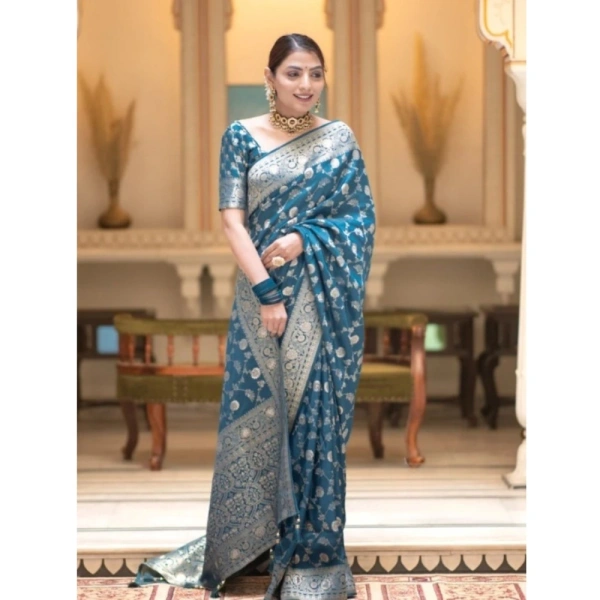 Generic Women's Silk Printed Saree With Unstitched Blouse 5.5Mtr (Rama) - Rama