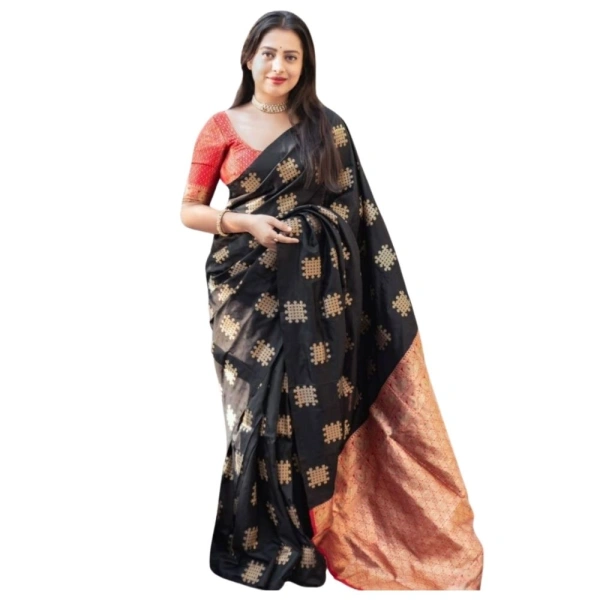 Generic Women's Silk Printed Saree With Unstitched Blouse 5.5Mtr (Blacl-Orange) - Black-Orange
