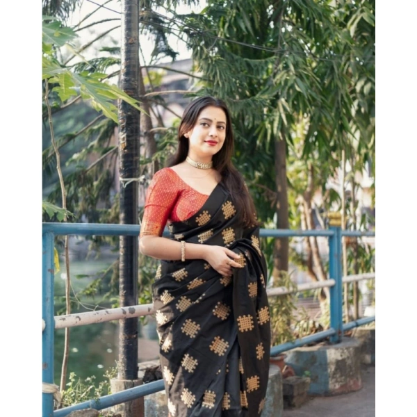 Generic Women's Silk Printed Saree With Unstitched Blouse 5.5Mtr (Blacl-Orange) - Black-Orange
