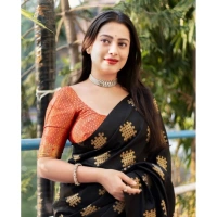 Generic Women's Silk Printed Saree With Unstitched Blouse 5.5Mtr (Blacl-Orange) - Black-Orange