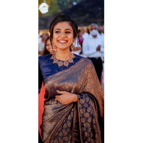 Generic Women's Silk Printed Saree With Unstitched Blouse 5.5Mtr (Blue) - Blue