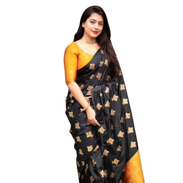 Generic Women's Silk Printed Saree With Unstitched Blouse 5.5Mtr (Yellow) - Yellow
