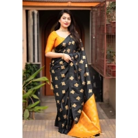 Generic Women's Silk Printed Saree With Unstitched Blouse 5.5Mtr (Yellow) - Yellow