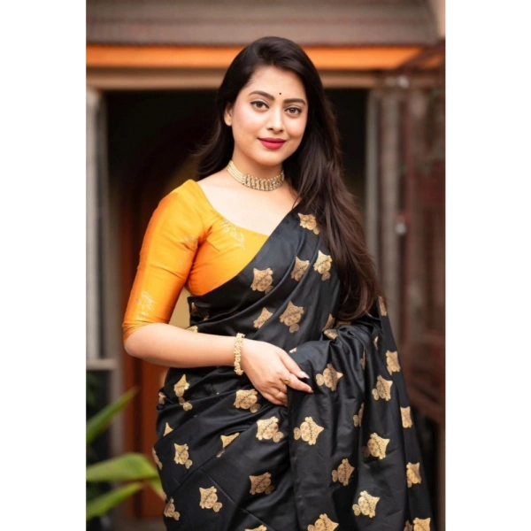 Generic Women's Silk Printed Saree With Unstitched Blouse 5.5Mtr (Yellow) - Yellow