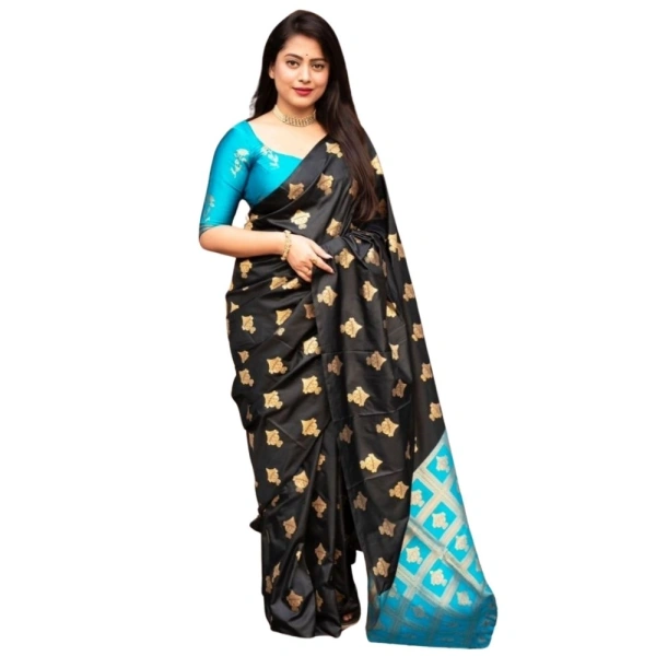 Generic Women's Silk Printed Saree With Unstitched Blouse 5.5Mtr (Sky Blue) - Sky Blue