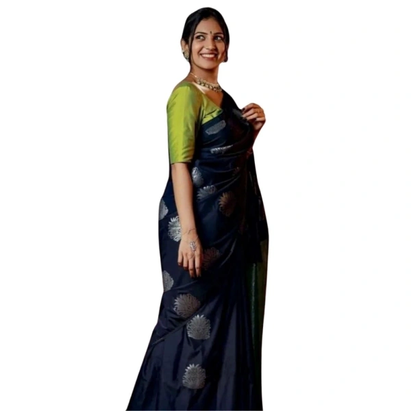 Generic Women's Silk Printed Saree With Unstitched Blouse 5.5Mtr (Navy Blue) - Navy Blue