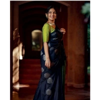 Generic Women's Silk Printed Saree With Unstitched Blouse 5.5Mtr (Navy Blue) - Navy Blue