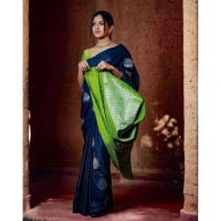 Generic Women's Silk Printed Saree With Unstitched Blouse 5.5Mtr (Navy Blue) - Navy Blue