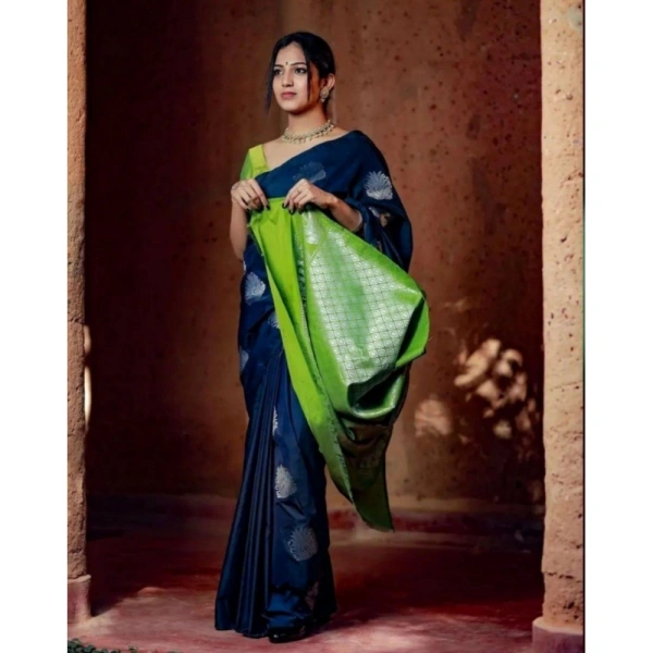 Generic Women's Silk Printed Saree With Unstitched Blouse 5.5Mtr (Navy Blue) - Navy Blue