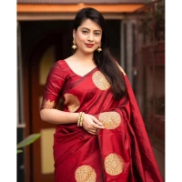 Generic Women's Silk Printed Saree With Unstitched Blouse 5.5Mtr (Red) - Red