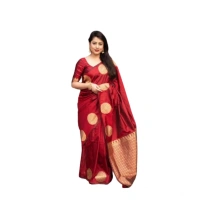 Generic Women's Silk Printed Saree With Unstitched Blouse 5.5Mtr (Red) - Red