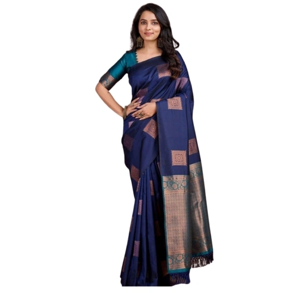 Generic Women's Silk Printed Saree With Unstitched Blouse 5.5Mtr (Navy Blue) - Navy Blue