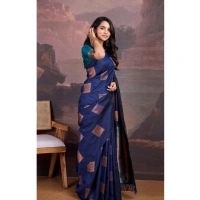 Generic Women's Silk Printed Saree With Unstitched Blouse 5.5Mtr (Navy Blue) - Navy Blue