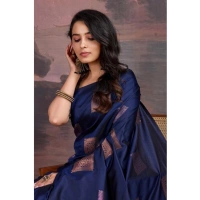 Generic Women's Silk Printed Saree With Unstitched Blouse 5.5Mtr (Navy Blue) - Navy Blue