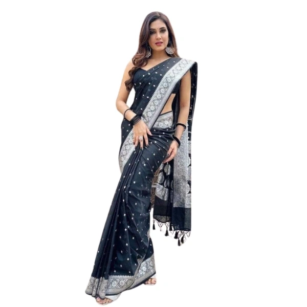 Generic Women's Silk Printed Saree With Unstitched Blouse 5.5Mtr (Black) - Black