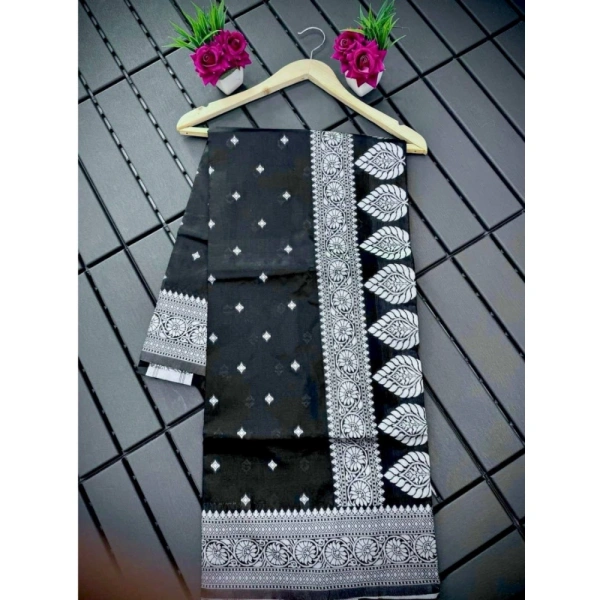 Generic Women's Silk Printed Saree With Unstitched Blouse 5.5Mtr (Black) - Black