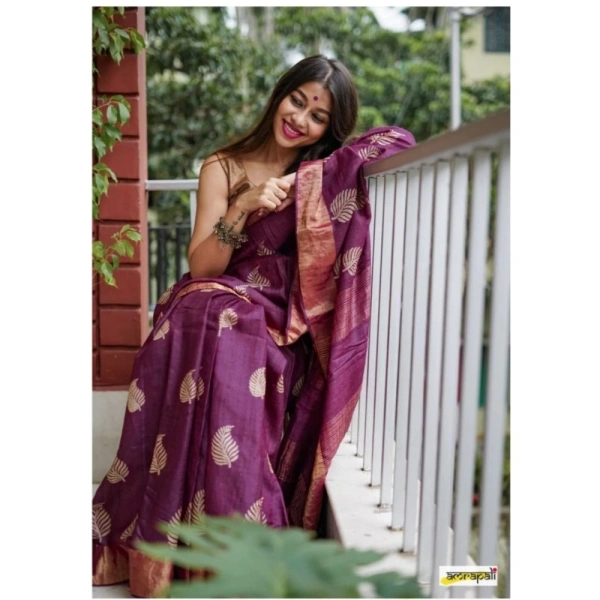 Generic Women's Silk Printed Saree With Unstitched Blouse 5.5Mtr (Purple) - Purple