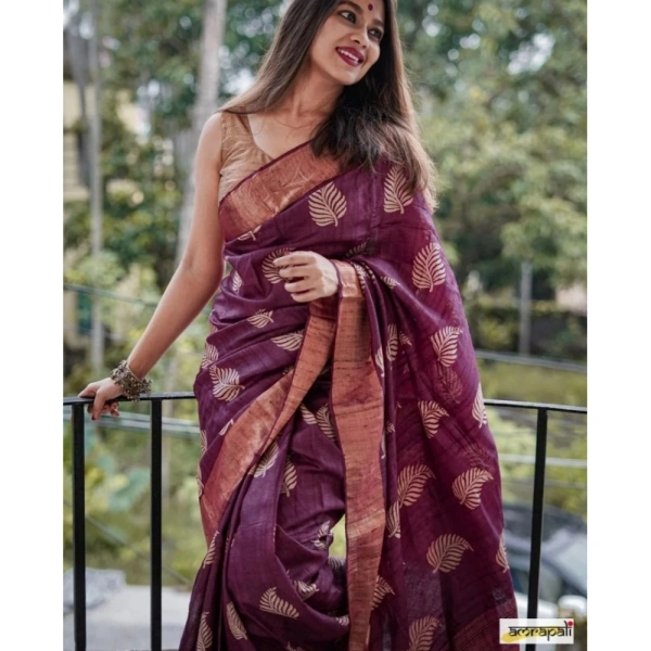 Generic Women's Silk Printed Saree With Unstitched Blouse 5.5Mtr (Purple) - Purple