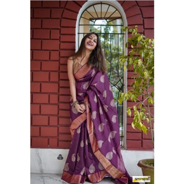 Generic Women's Silk Printed Saree With Unstitched Blouse 5.5Mtr (Purple) - Purple
