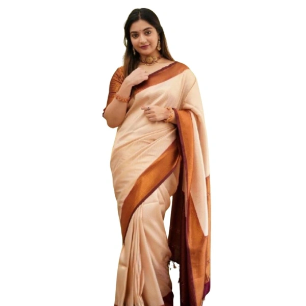 Generic Women's Silk Printed Saree With Unstitched Blouse 5.5Mtr (Cream) - Cream
