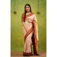 Generic Women's Silk Printed Saree With Unstitched Blouse 5.5Mtr (Cream) - Cream