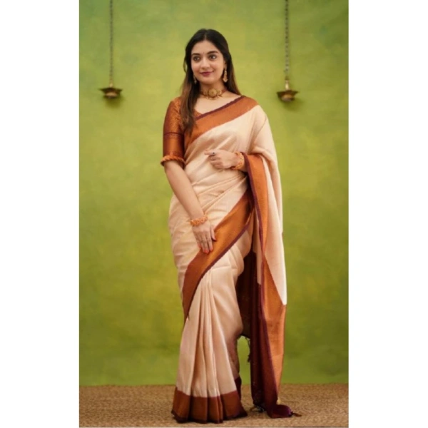Generic Women's Silk Printed Saree With Unstitched Blouse 5.5Mtr (Cream) - Cream