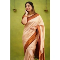 Generic Women's Silk Printed Saree With Unstitched Blouse 5.5Mtr (Cream) - Cream