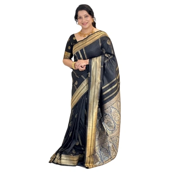Generic Women's Silk Printed Saree With Unstitched Blouse 5.5Mtr (Black) - Black